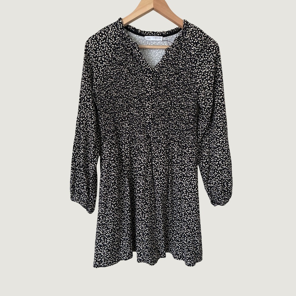Zara Kids Girls Black White Floral Smocked Long Sleeve Dress Size 13-14 164cm